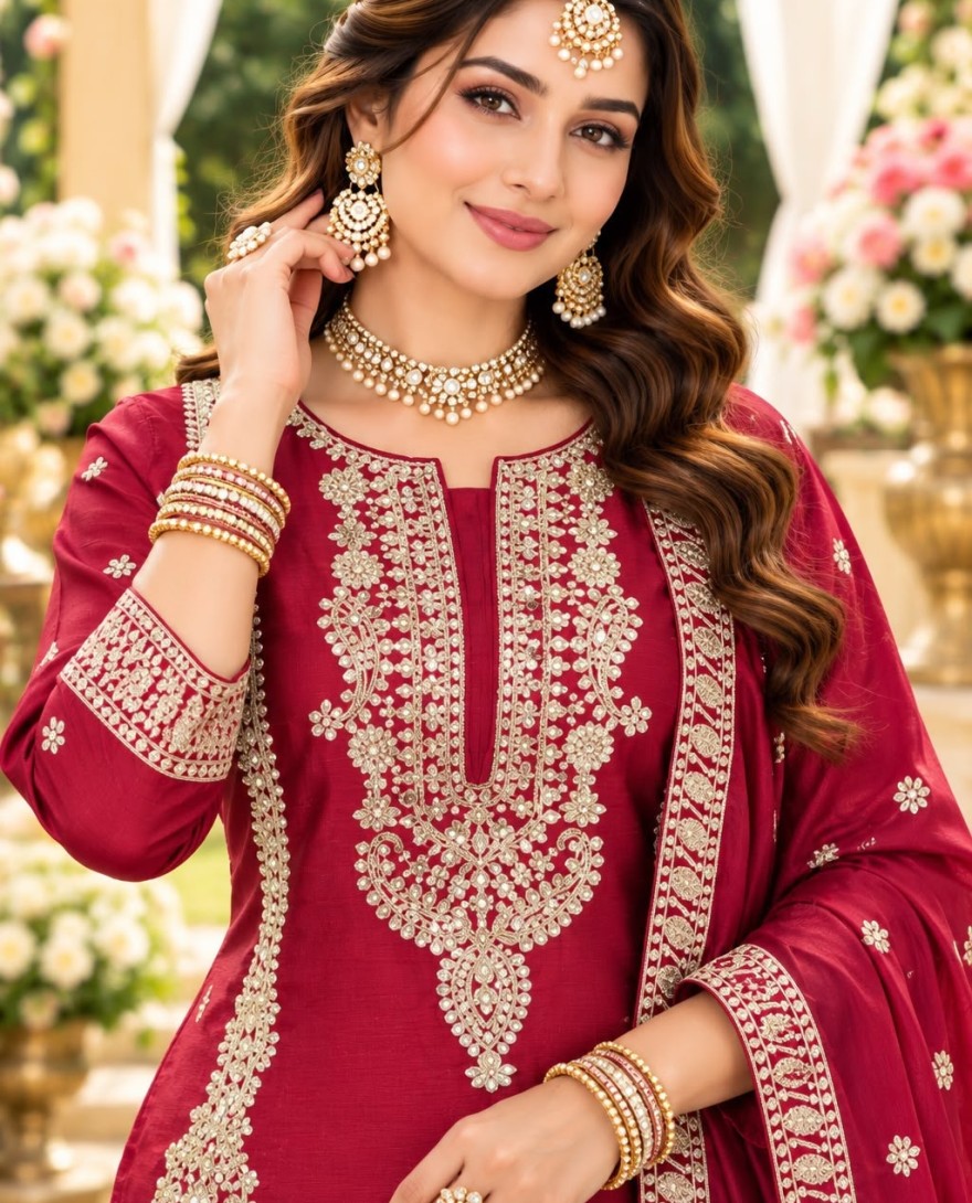 2206 - Maroon Chinon Embroidered Work Ceremonial Palazzo Salwar Suit